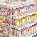 Colorful Decorative Ornaments Set with Bottles on Acrylic Storage Rack Multiple Layers Organized