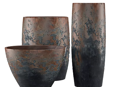 Three Decorative Ceramic Vessels With Copper Black Gradient Textured Surface 3d model