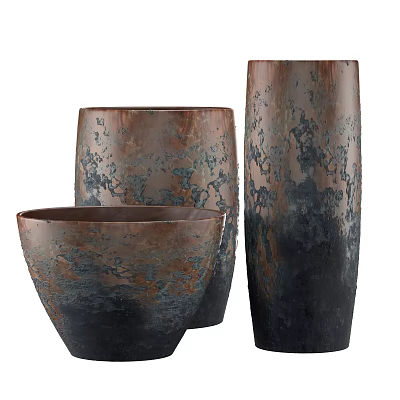 Three Decorative Ceramic Vessels With Copper Black Gradient Textured Surface 3d model Three Decorative Ceramic Vessels With Copper Black Gradient Textured Surface 3d model