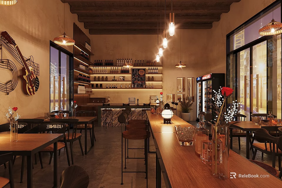 Cozy Bar Interior With Wooden Counter High Stools Hanging Lights And Guitar Decor 3d model 