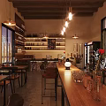 Cozy Bar Interior With Wooden Counter High Stools Hanging Lights And Guitar Decor