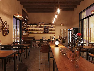 Cozy Bar Interior With Wooden Counter High Stools Hanging Lights And Guitar Decor 3d model