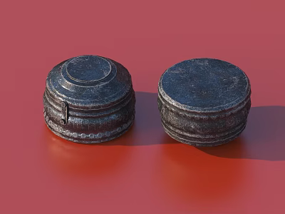 Two Black Round Patterned Decorative Kitchenware Pieces on Red Background 3d model