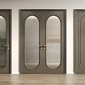 Modern Dark Gray Double Doors With Arched Glass Panels And Golden Handles For Interior Design
