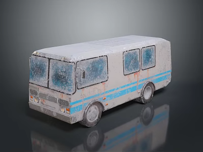 Gray Bus With Blue Stripes Covered In Snow And Frost On Dark Reflective Surface 3d model