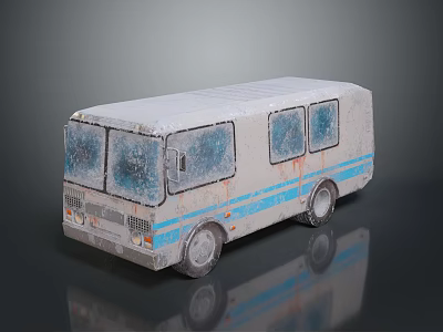 Gray Bus With Blue Stripes Covered In Snow And Frost On Dark Reflective Surface 3d model