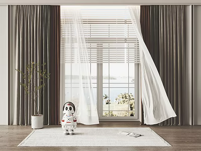 Double Layer Curtains With Sheer White And Dark Gray For Sea View Window Interior Design 3d model