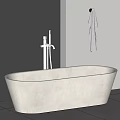 Freestanding White Bathtub with Silver Faucet Gray Wall Golden Light Strip and Hanging Gray Towel