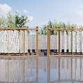 Wooden Framed Display Panels Featuring Characters Against Blue Sky With Trees On Shiny Floor Reflections