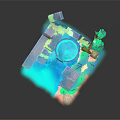 Mini Garden Ornament With Water Fountain Stone Wall Steps Green Plants And Spiral Pattern