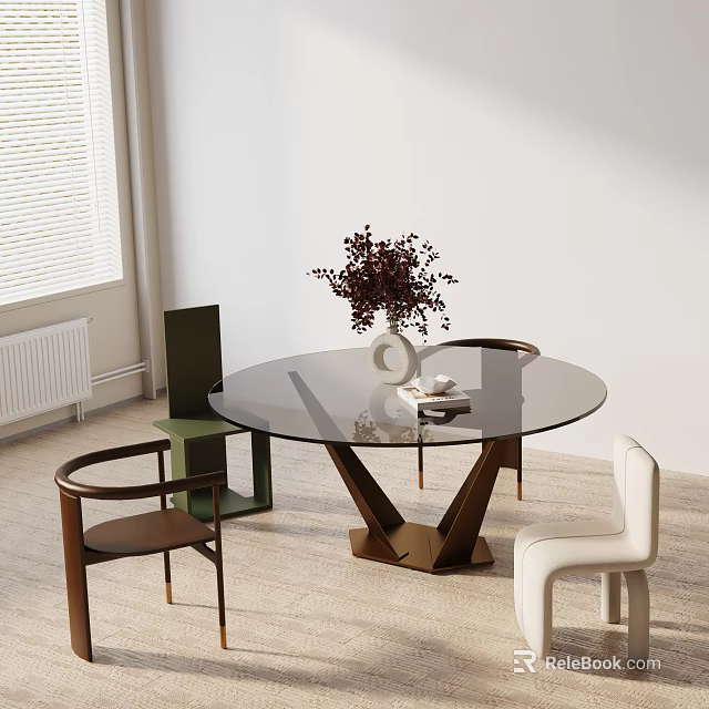 Minimalist Dining Table Set with Round Glass Top Brown Metal Base Multicolored Chairs Green Cabinet 3d model 