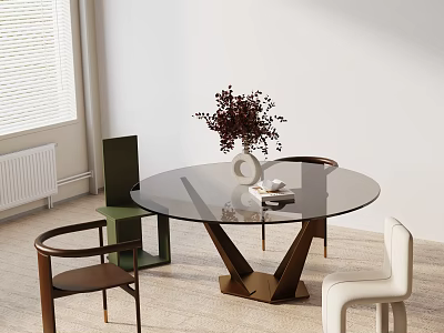 Minimalist Dining Table Set with Round Glass Top Brown Metal Base Multicolored Chairs Green Cabinet 3d model