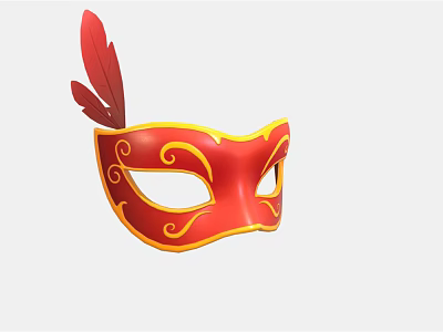Red Decorative Mask With Yellow Curved Patterns And Red Feather Design 3d model