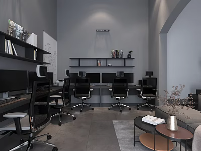 Modern Public Office Space With Open Layout Desks Computers Bookshelves And Sofa 3d model