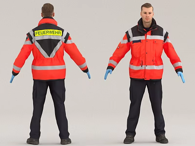 Man in Red Rescue Jacket With Reflective Stripes Blue Gloves and Black Pants 3d model