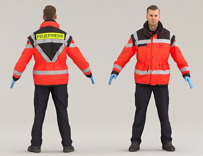 Man in Red Rescue Jacket With Reflective Stripes Blue Gloves and Black Pants 3d model