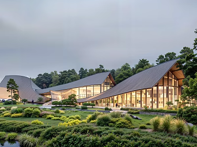 Modern Architectural Design Featuring Sloped Roofs Glass Windows And Lush Garden Greenery 3d model