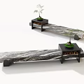 Modern Marble Console Table Design With Black Base And Small Decorative Plants 3d model