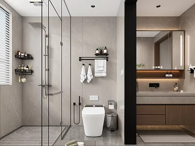 Modern Bathroom Interior Design With Glass Shower White Toilet And Wooden Vanity 3d model