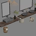 Natural Modern Washbasin Vanity Design With Wooden Countertop Stone Washbasins Hanging Lights And Potted Plants