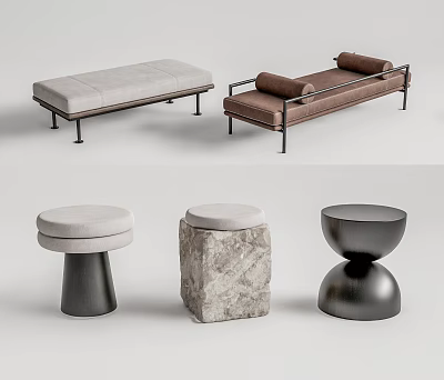 Modern Stools Collection With Metal Frames Marble And Fabric Upholstered Seats 3d model
