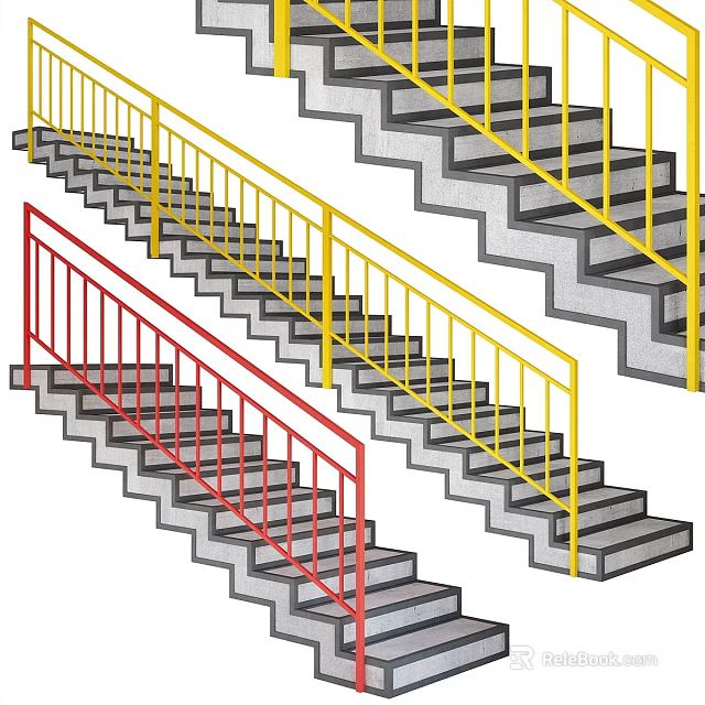 Concrete Stairs With Yellow And Red Railings Different Design Styles 3d model 