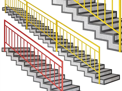 Concrete Stairs With Yellow And Red Railings Different Design Styles 3d model