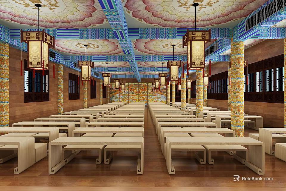 Religious Belief Temple Hall Interior With Colorful Ceiling Hanging Lanterns And Wooden Benches 3d model 