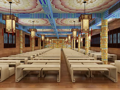 Religious Belief Temple Hall Interior With Colorful Ceiling Hanging Lanterns And Wooden Benches 3d model
