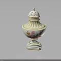 Ornate White Ceramic Urn With Floral Patterns Lid And Gold Trim Base