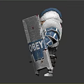 3D Armored Warrior Character With OBEY Shield And Blue Silver Armor Design
