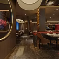 Elegant Restaurant Interior With Dining Tables Chairs Wall Art Decorative Plants And Pendant Lights