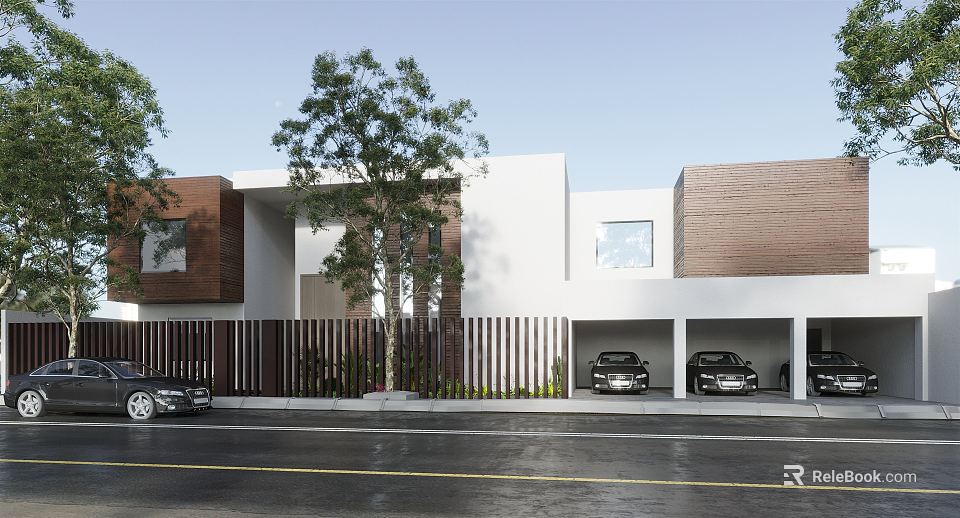 Modern Detached Villa Exterior Design With White Brown Facade Trees And Garage 3d model 