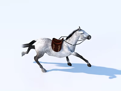 Running Gray and White Horse With Brown Saddle On Light Blue Background Showing Shadow 3d model