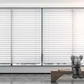 Modern White Venetian Blinds Decorating Window Interior With Natural Light And Wooden Bench