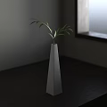 Conical Gray Vase With Green Leaves On Dark Wooden Tabletop Near Window With Soft Light