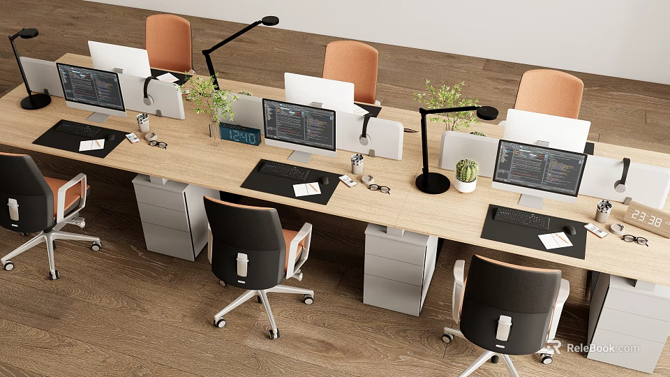 Modern Office Desk Setup With Multiple Computers Ergonomic Chairs Desk Lamps And Green Plants 3d model 