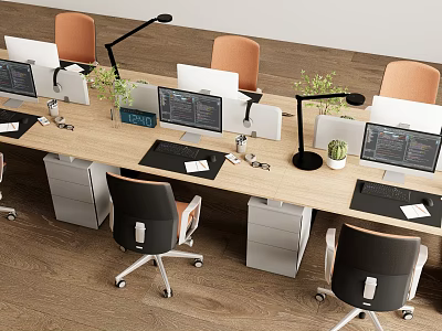Modern Office Desk Setup With Multiple Computers Ergonomic Chairs Desk Lamps And Green Plants 3d model