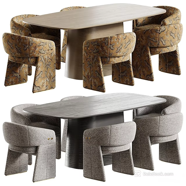 Modern Luxury Fabric Upholstered Dining Chairs And Unique Shaped Solid Wood Dining Table Set 3d model 