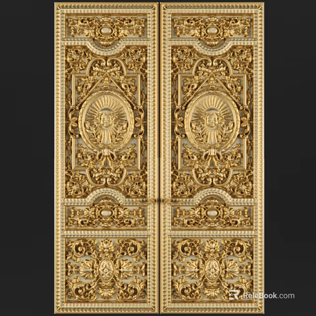 Elegant Security Door Featuring Double Panel Design Gold Finish And Ornate Carvings 3d model 