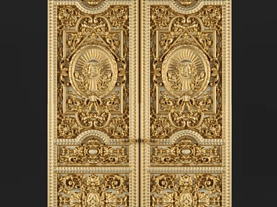 Elegant Security Door Featuring Double Panel Design Gold Finish And Ornate Carvings 3d model
