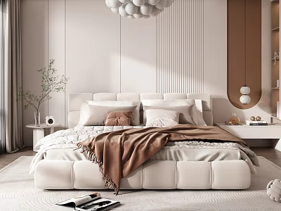 Modern Bedroom Interior Design With Upholstered Bed Pillows Throw Blanket Potted Plant And Chandelier 3d model