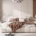 Modern Bedroom Interior Design With Upholstered Bed Pillows Throw Blanket Potted Plant And Chandelier