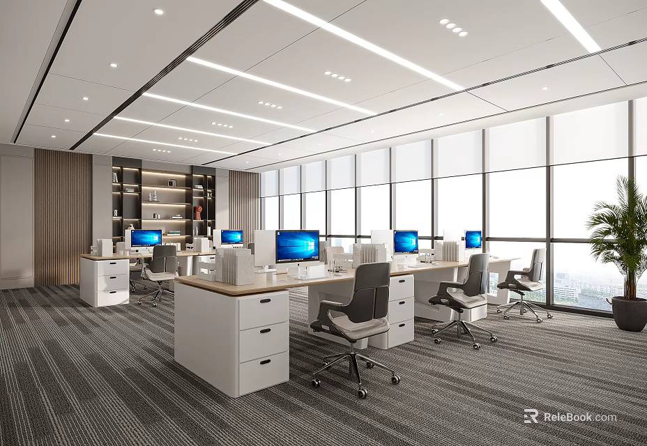 Modern Public Office Space With White Desks Grey Chairs Blue Screen Computers And Large Windows 3d model 