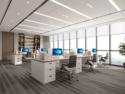 Modern Public Office Space With White Desks Grey Chairs Blue Screen Computers And Large Windows 3d model