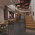 Modern Chinese Style Hotpot Restaurant Interior With Dining Tables Wine Racks Screens And Lanterns