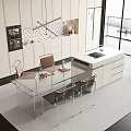 Modern Kitchen Interior With Glass Dining Table And Transparent Chairs White Cabinets Large Windows