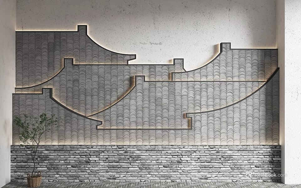 Modern Chinese Style Sofa Background Wall With Tile Texture Stone Wall Base And Ambient Lighting 3d model 
