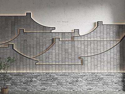 Modern Chinese Style Sofa Background Wall With Tile Texture Stone Wall Base And Ambient Lighting 3d model