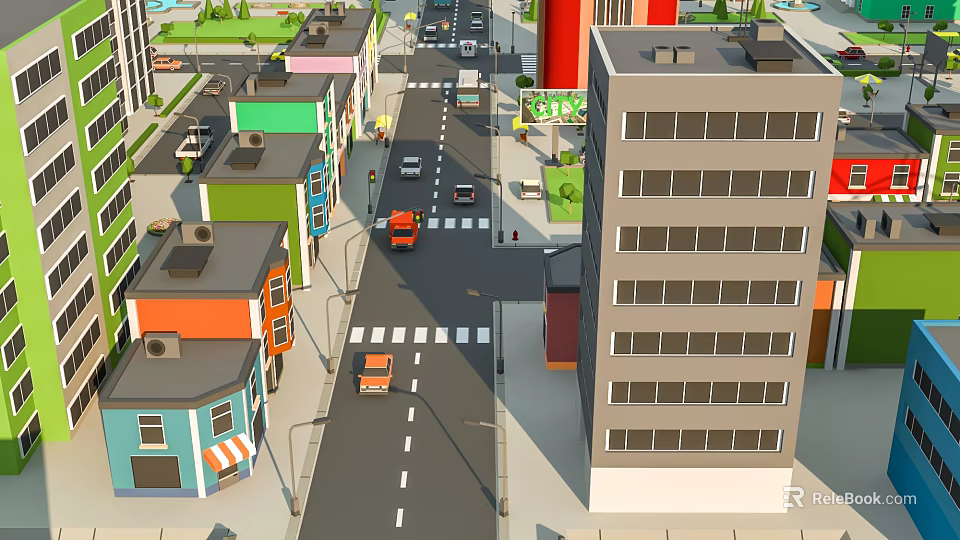 Cartoon City Street Scene With Colorful Buildings Cars And Street Lights 3d model 